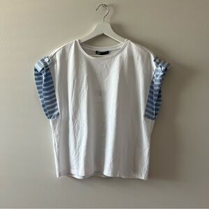 Zara White Top with Blue Striped Sleeves